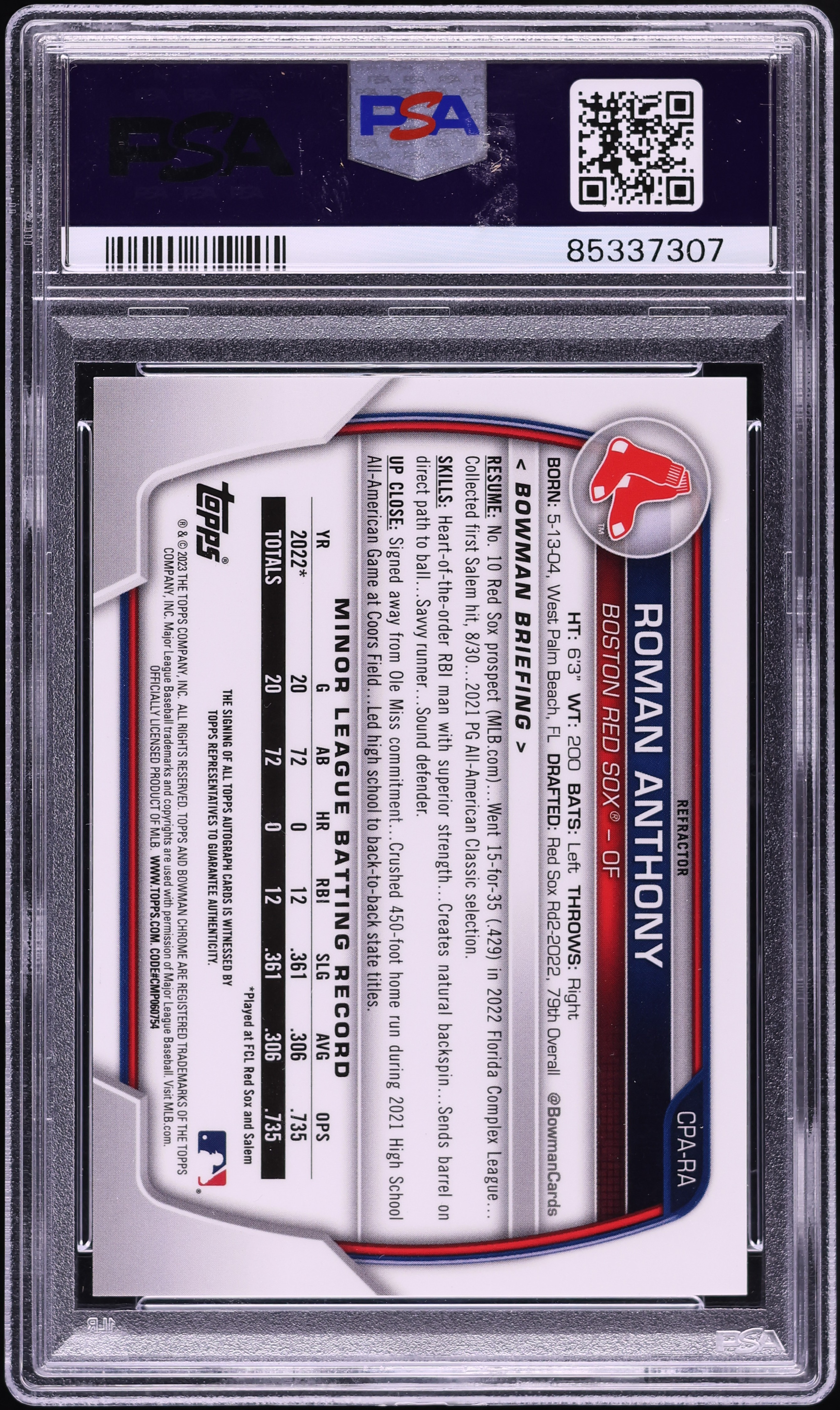2023 Bowman Chrome Refractor Roman Anthony PROSPECT AUTO