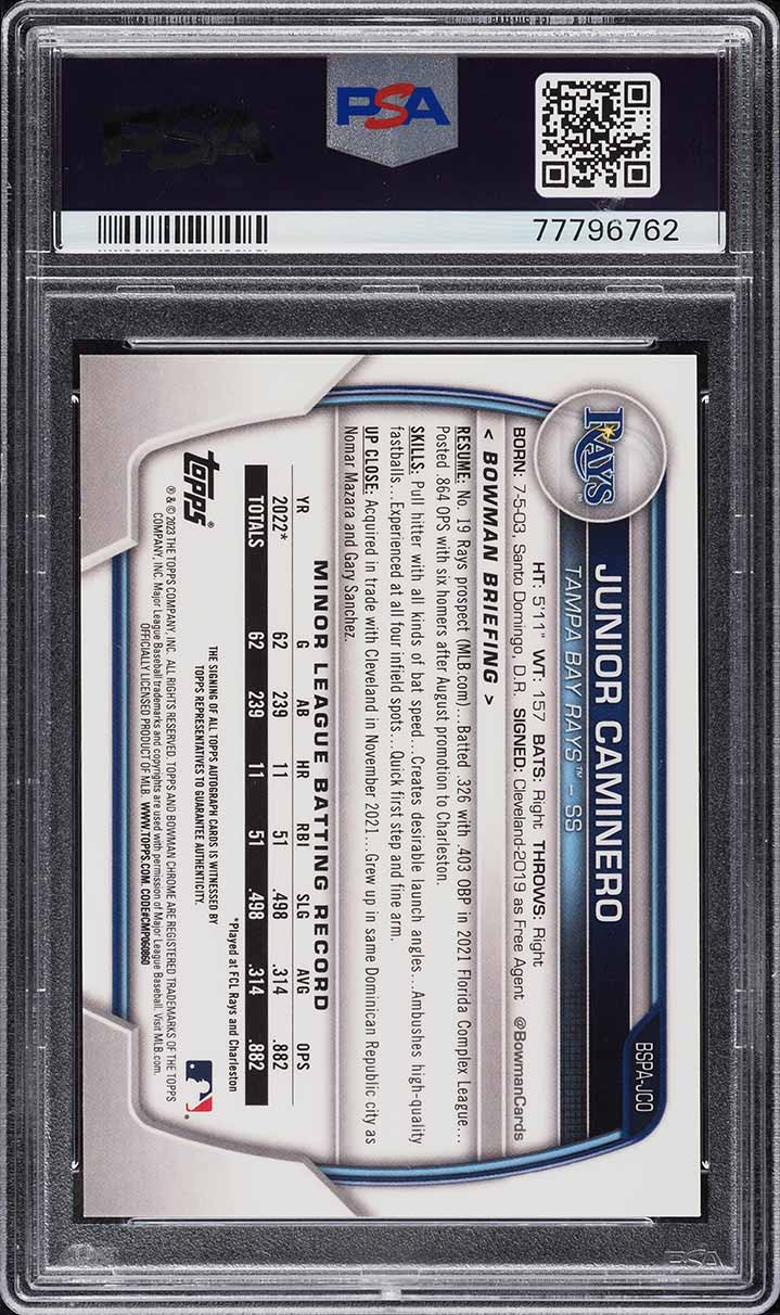 2023 Bowman Chrome Sapphire Aqua Junior Caminero PROSPECT AUTO /99 #BSPA-JCO PSA 10 GEM MINT