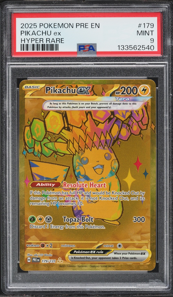 2025 Pokemon Scarlet & Violet Prismatic Evolutions Gold Rare Pikachu EX #179 PSA 9 MINT