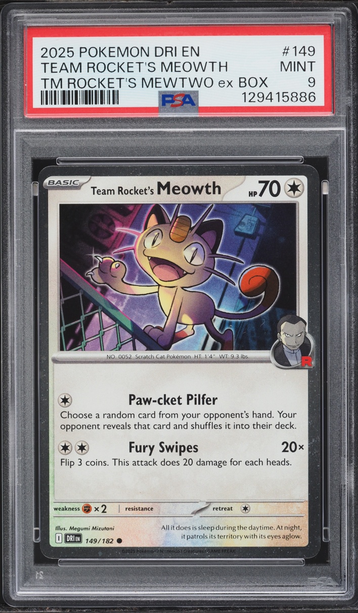 2025 Pokemon SV Destined Rivals Mewtwo Ex Box Team Rocket's Meowth #149 PSA 9 MINT