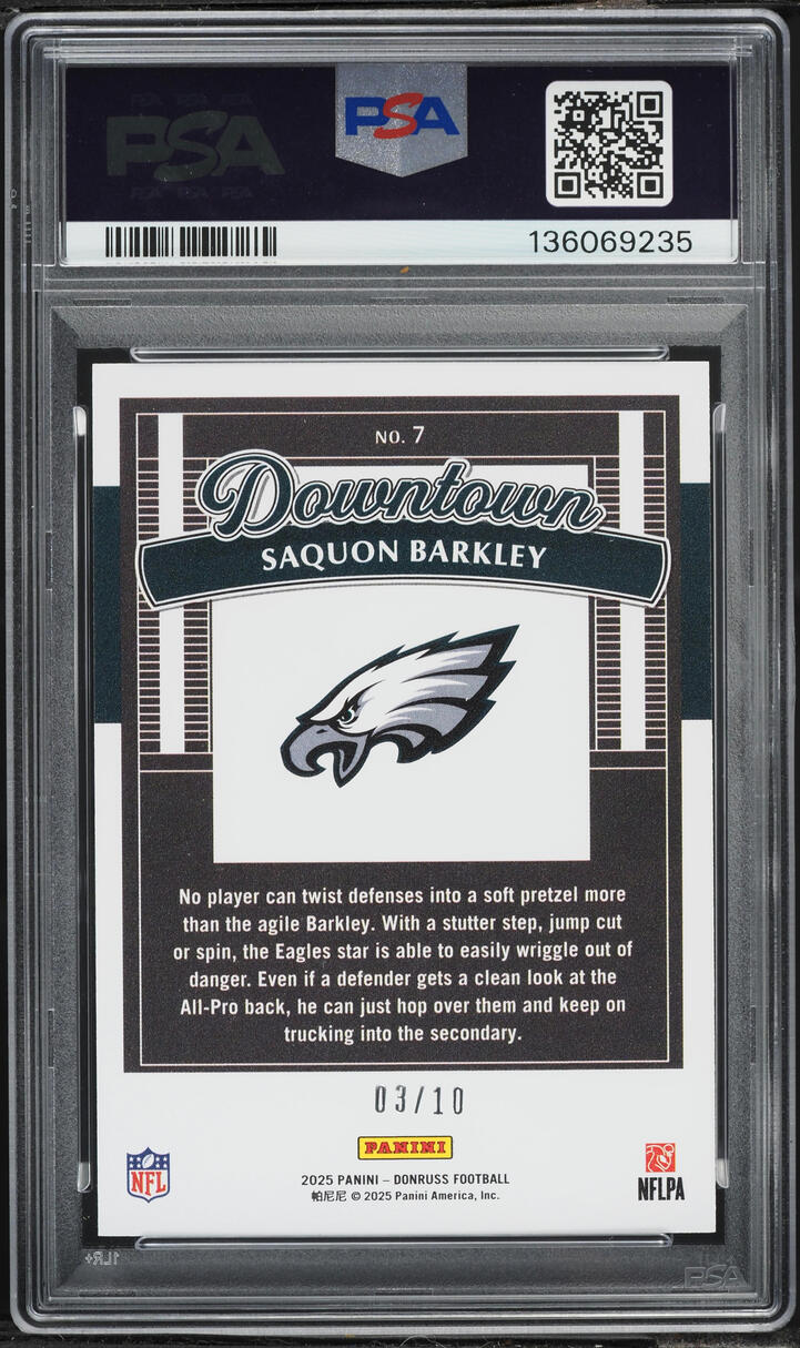 2025 Donruss Downtown! Gold Saquon Barkley /10 #7 PSA 10 GEM MINT