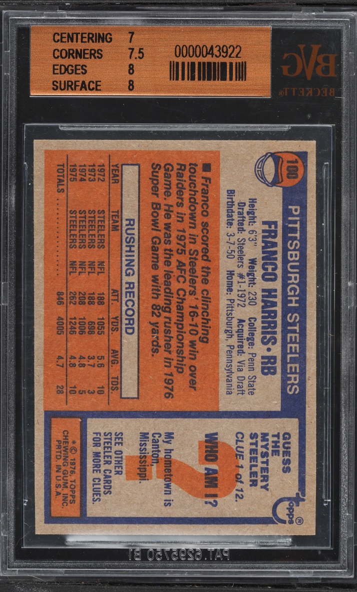 1976 Topps Football Franco Harris #100 BVG 7.5 NRMT+