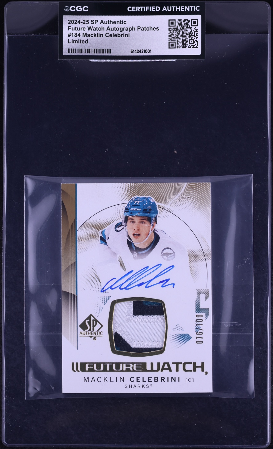 2024 SP Authentic Future Watch Limited Macklin Celebrini ROOKIE PATCH AUTO /100 #184 CGC AUTH