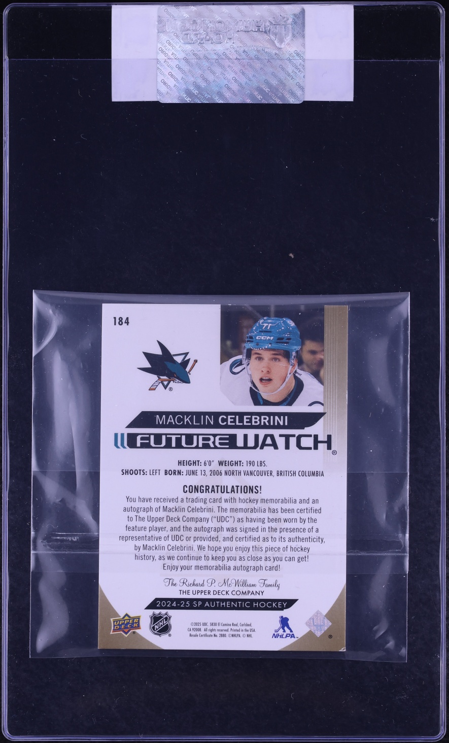 2024 SP Authentic Future Watch Limited Macklin Celebrini ROOKIE PATCH AUTO /100 #184 CGC AUTH