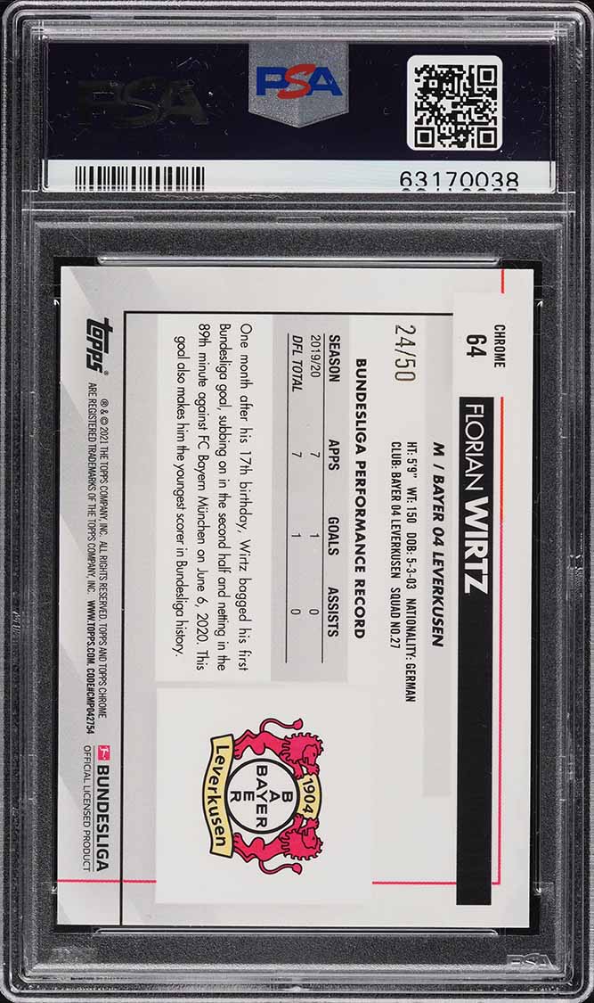 2020 Topps Chrome Bundesliga Gold Refractor Florian Wirtz ROOKIE /50 #64 PSA 9 MINT