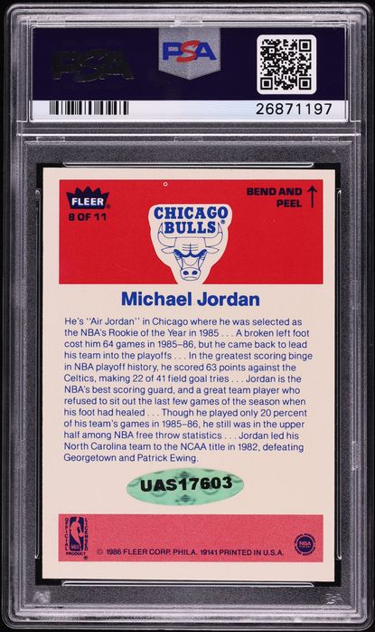 1986 Fleer Sticker Michael Jordan ROOKIE AUTO DNA 9 #8 PSA 8 NM-MT