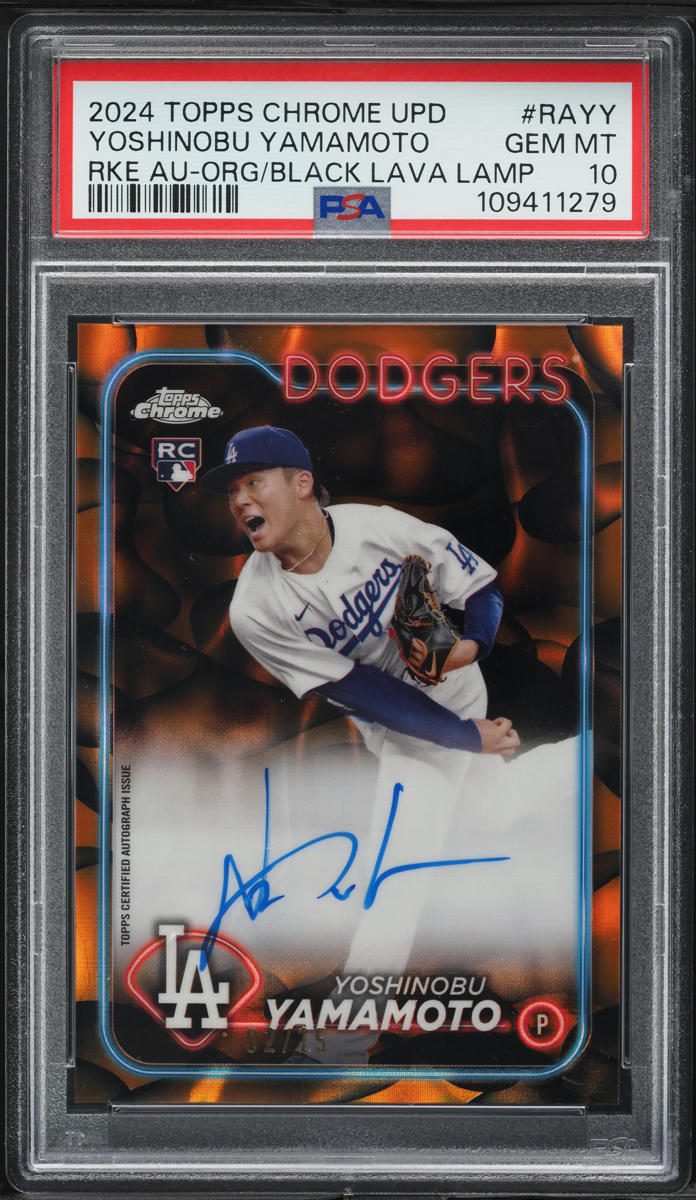 2024 Topps Chrome Update Black Lava Lamp Refractor Yoshinobu Yamamoto ROOKIE AUTO /15 PSA 10