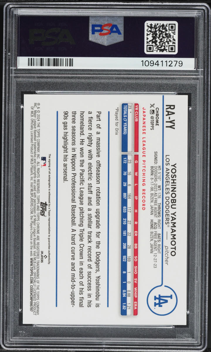 2024 Topps Chrome Update Black Lava Lamp Refractor Yoshinobu Yamamoto ROOKIE AUTO /15 PSA 10