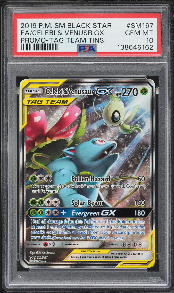 2019 Pokemon Sun & Moon Promo Tag Team Tin Full Art Celebi & Venusaur GX #SM167 PSA 10 GEM MINT