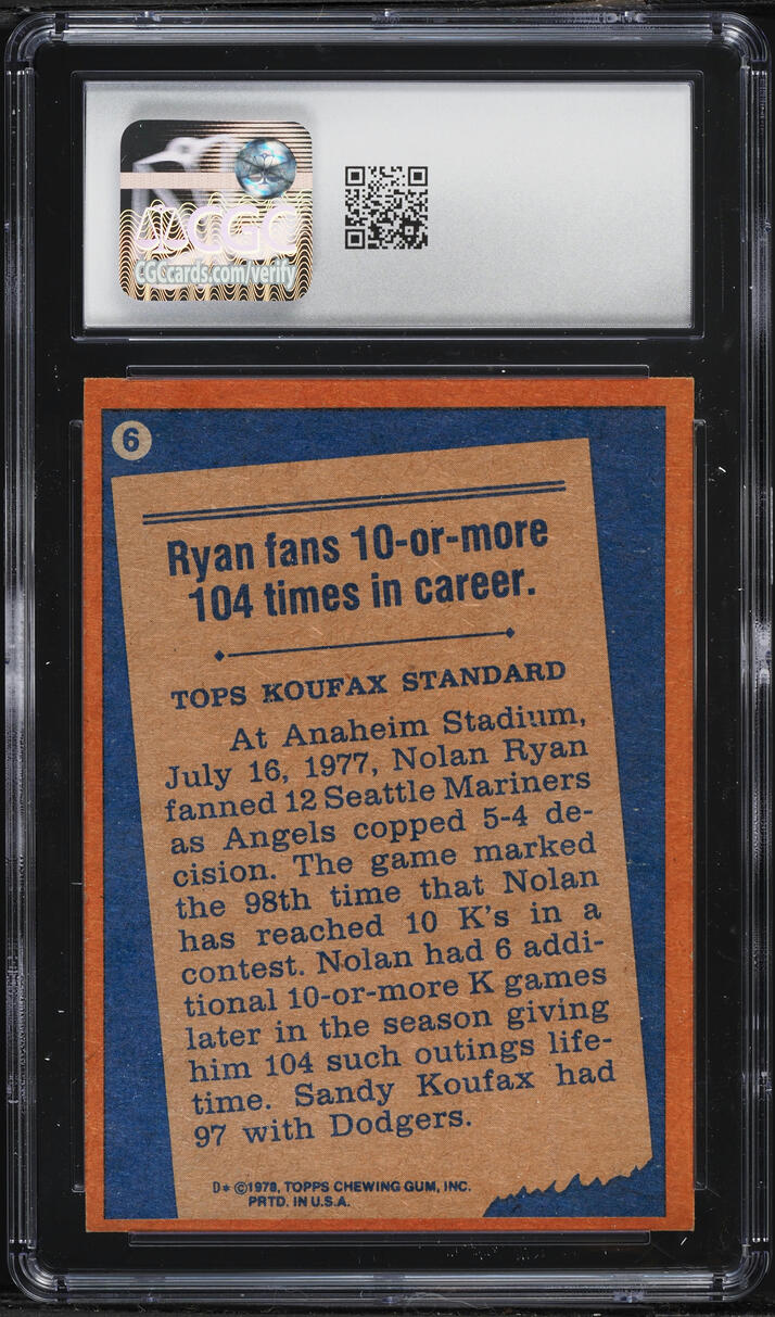 1978 Topps Nolan Ryan '77 RECORD BREAKER #6 CGC 6 EXMT