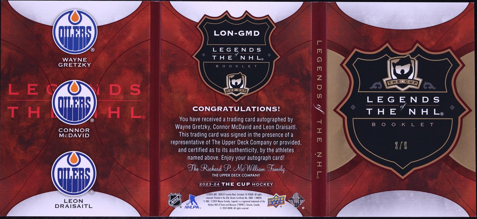 2024 Upper Deck The Cup '23 Legends Of NHL Triple McDavid Draisaitl Gretzky AUTO /9 CGC AUTH