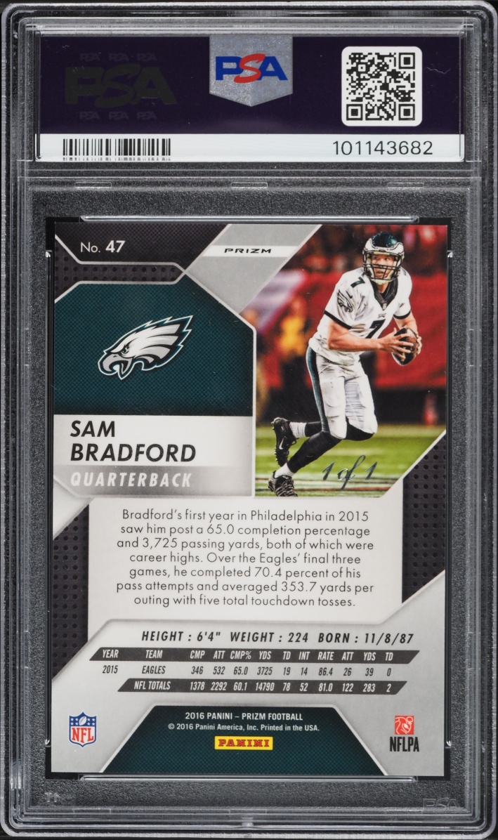 2016 Panini Prizm Black Finite Sam Bradford 1/1 #47 PSA 10 GEM MINT