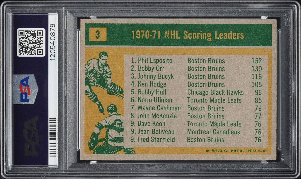 1971 Topps Hockey Bobby Orr Phil Esposito Johnny Bucyk LDRS #3 PSA 7 NRMT
