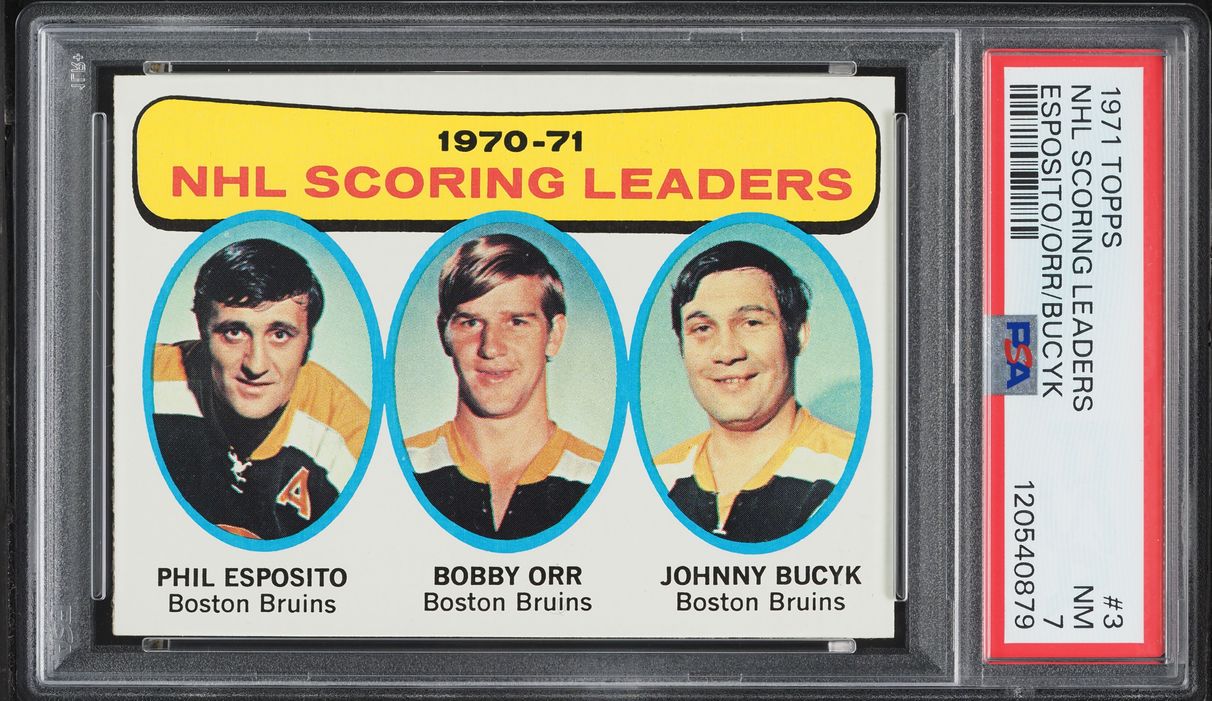 1971 Topps Hockey Bobby Orr Phil Esposito Johnny Bucyk LDRS #3 PSA 7 NRMT
