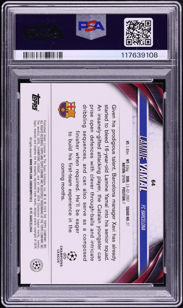 2023 Topps Chrome UCC Orange Refractor Lamine Yamal ROOKIE /25 #64 PSA 9 MINT