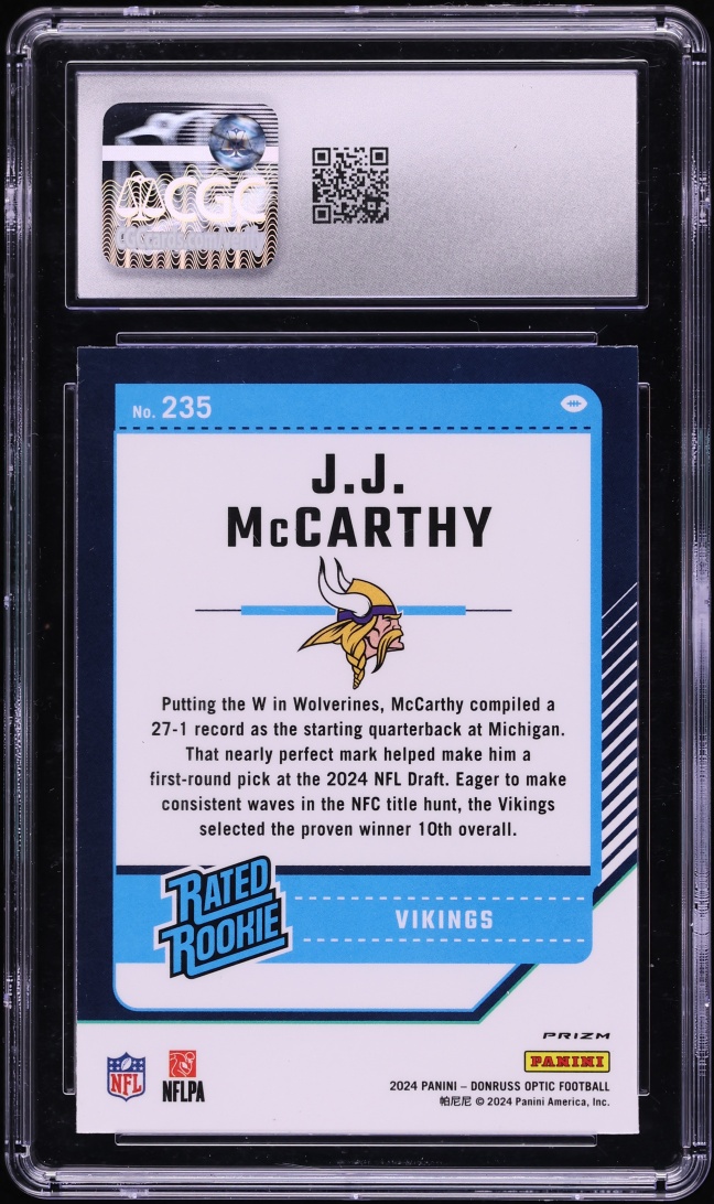 2024 Donruss Optic Purple Shock Prizm J.J. McCarthy ROOKIE #235 CGC 10 GEM MINT