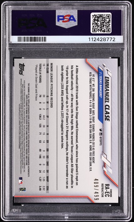 2020 Topps Chrome Refractor Emmanuel Clase ROOKIE AUTO DNA 10 /499 #RA-EC PSA 9