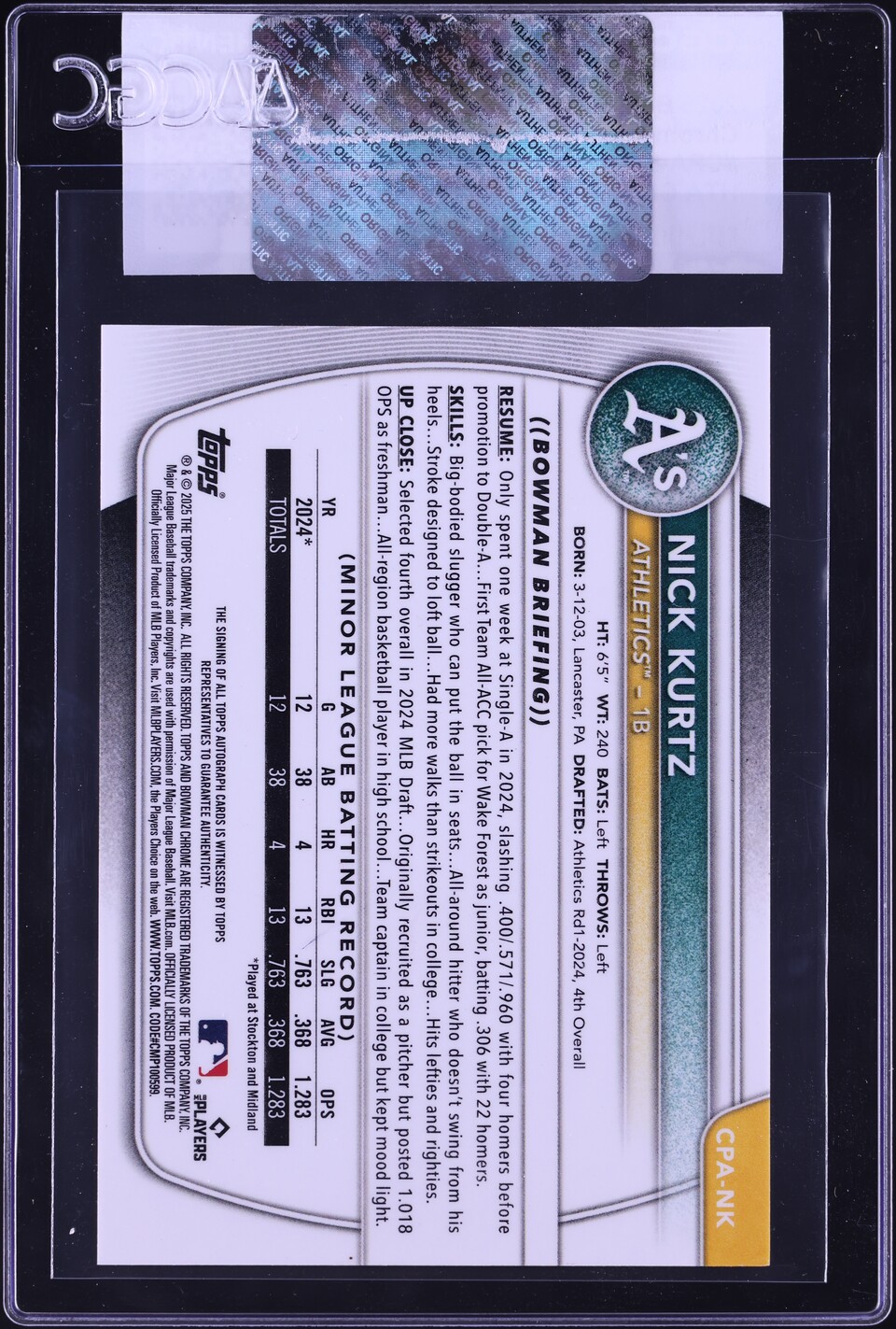 2025 Bowman Chrome HTA Choice Refractor Nick Kurtz PROSPECT AUTO /150 #CPA-NK CGC AUTH