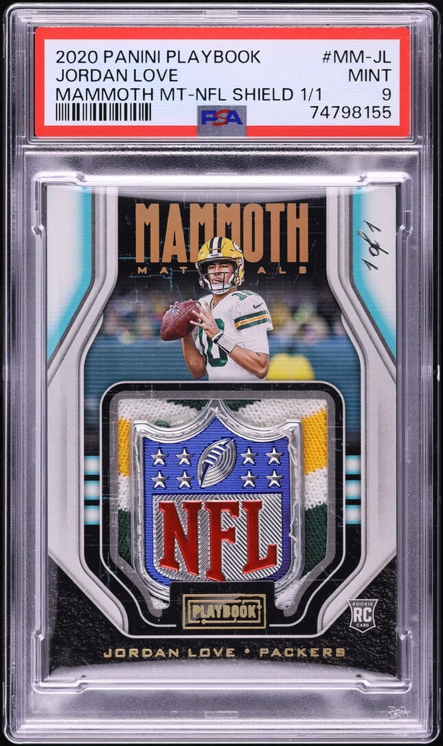 2020 Panini Playbook Mammoth Jordan Love ROOKIE NFL SHIELD PATCH AUTO 1/1 PSA 9
