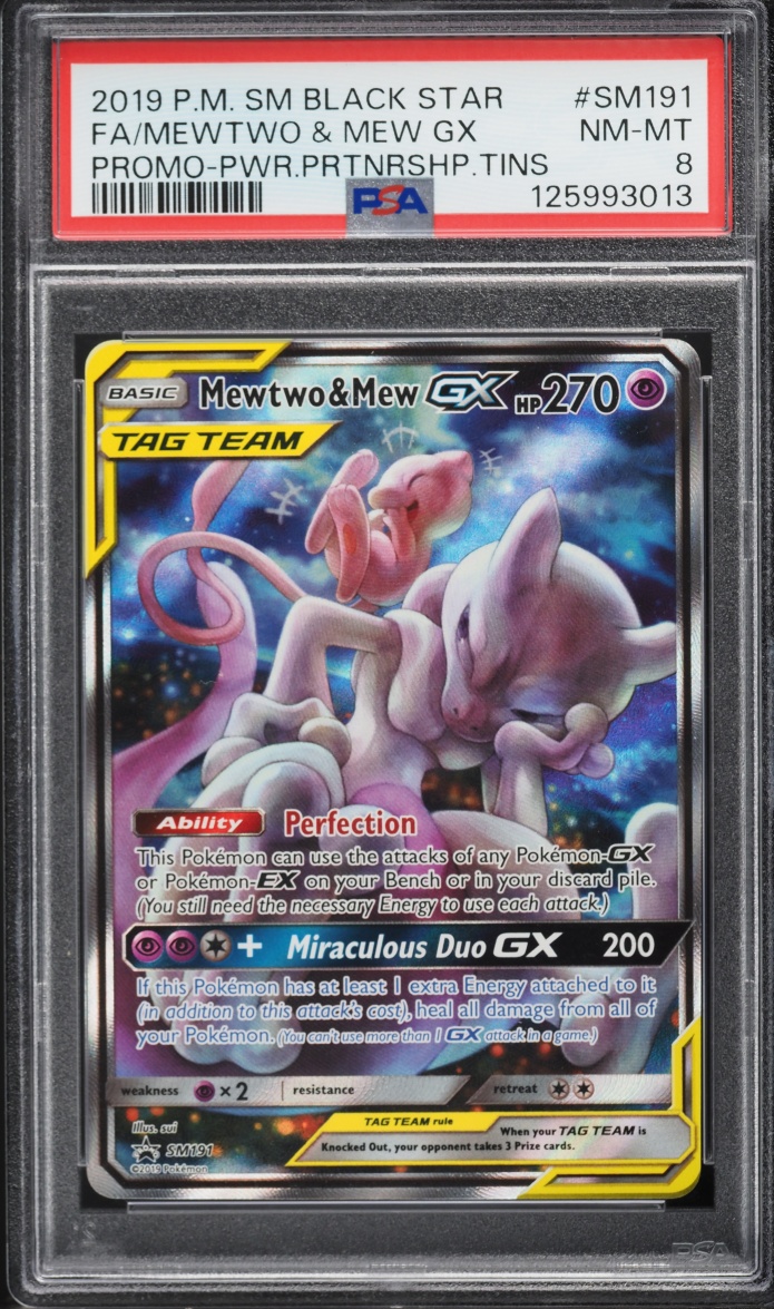 2019 Pokemon Sun & Moon Promo Power Partnership Full Art Mewtwo & Mew GX #SM191 PSA 8 NM-MT