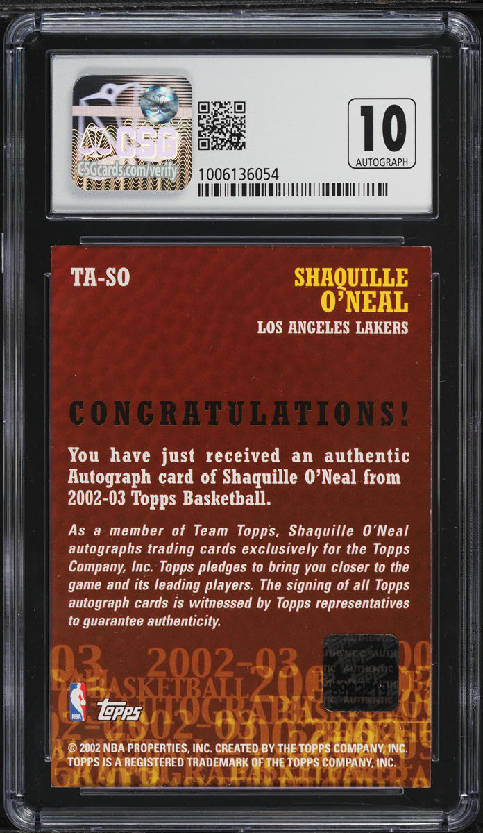 2002 Topps Shaquille O'Neal AUTO #TA-SO CSG 8.5 NM-MT+