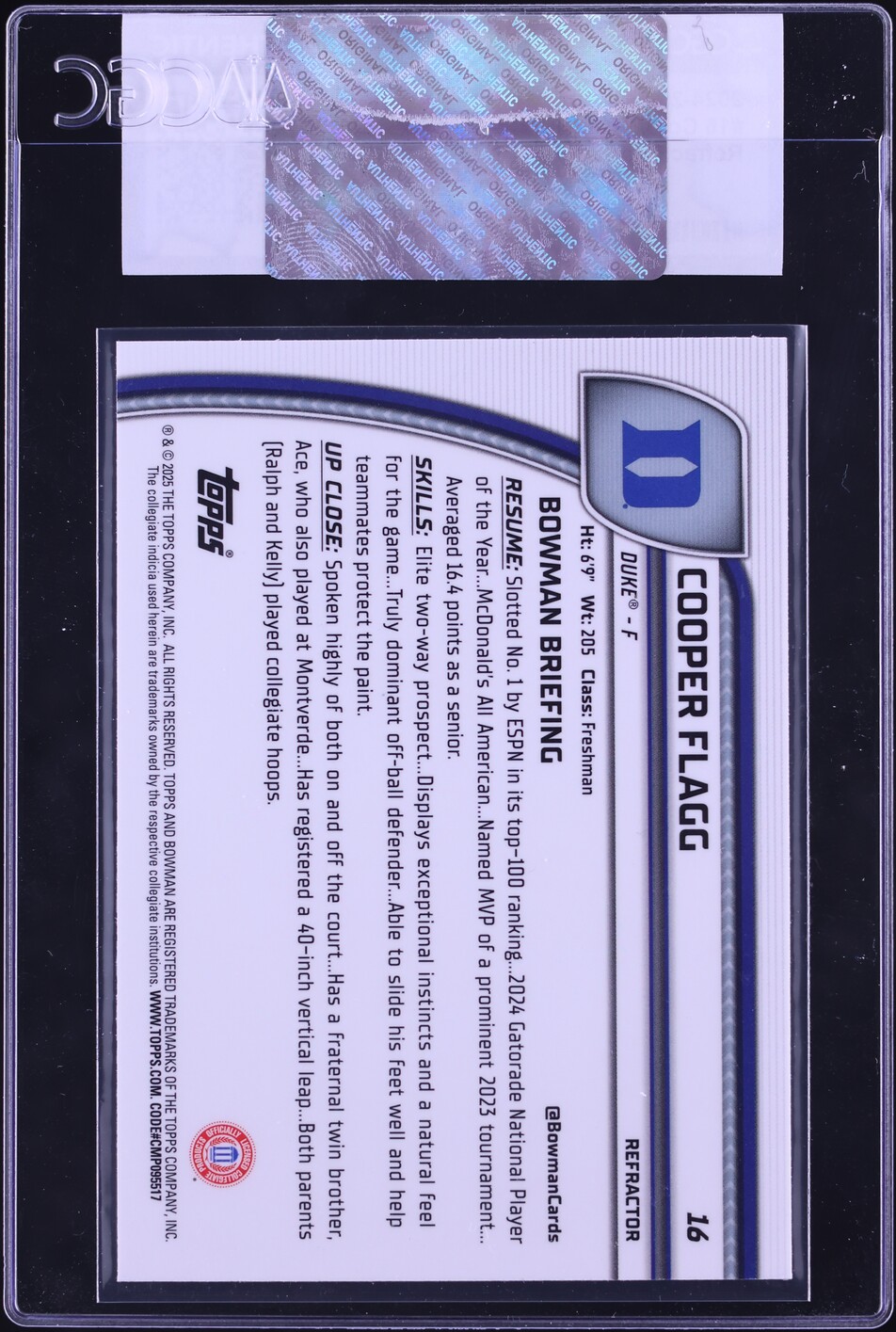 2024 Bowman Chrome University Refractor Cooper Flagg ROOKIE #16 CGC AUTH