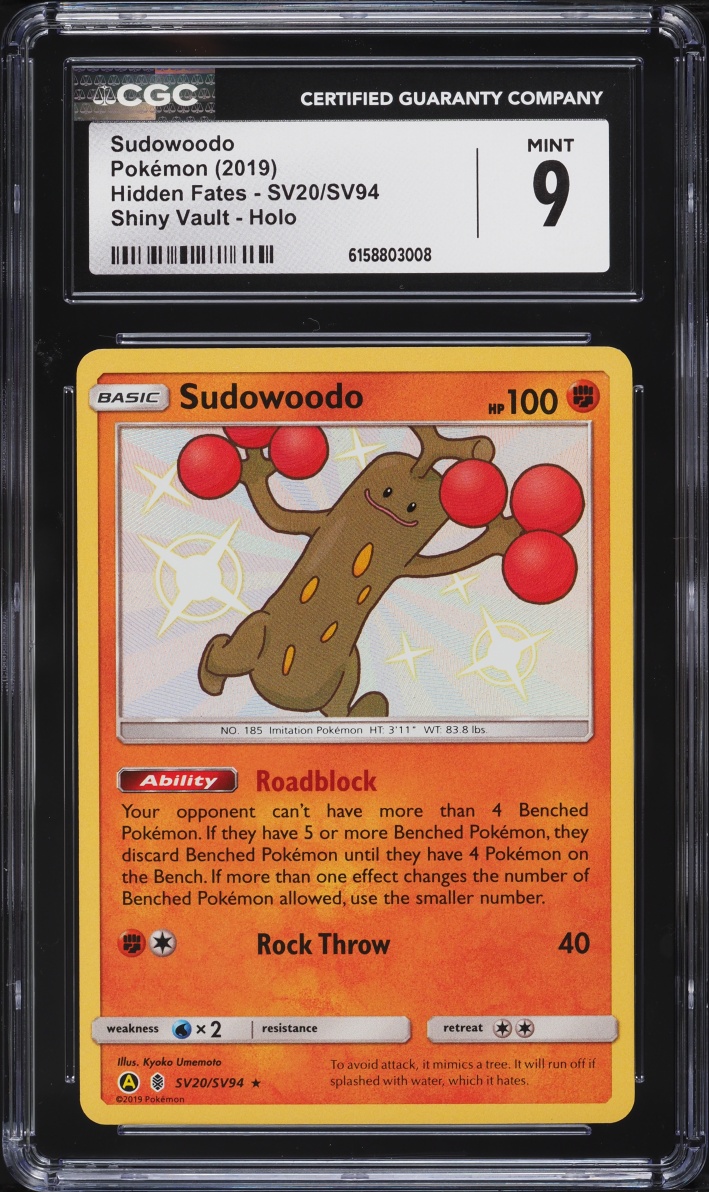 2019 Pokemon Sun & Moon Hidden Fates Shiny Vault Holo Sudowoodo #SV20 CGC 9 MINT