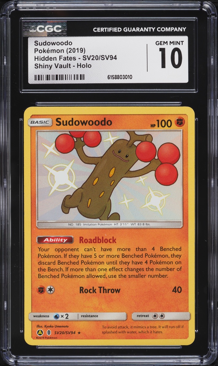 2019 Pokemon Sun & Moon Hidden Fates Shiny Vault Holo Sudowoodo #SV20 CGC 10 GEM MINT
