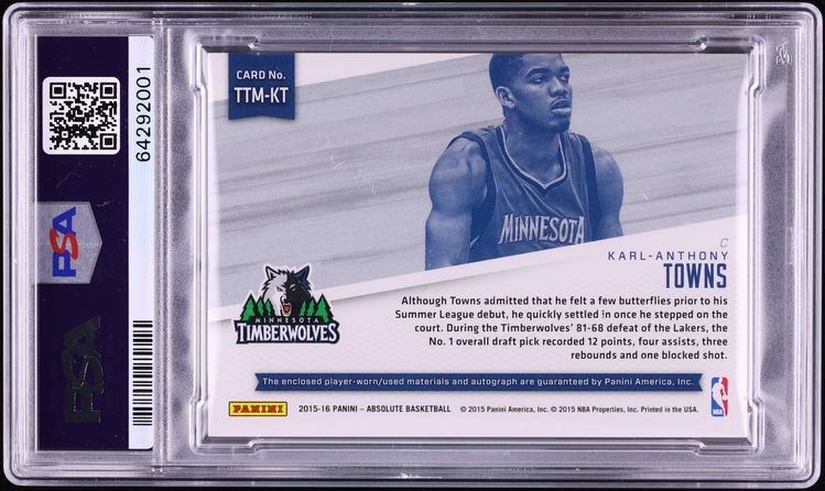 2015 Absolute TOTT Quad Karl-Anthony Towns ROOKIE PATCH AUTO /99 #KT PSA 8 NM-MT