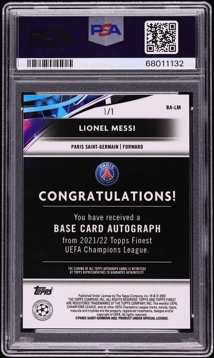 2021 Finest UEFA Champions League Superfractor Lionel Messi AUTO 1/1 #BA-LM PSA 10 GEM MINT