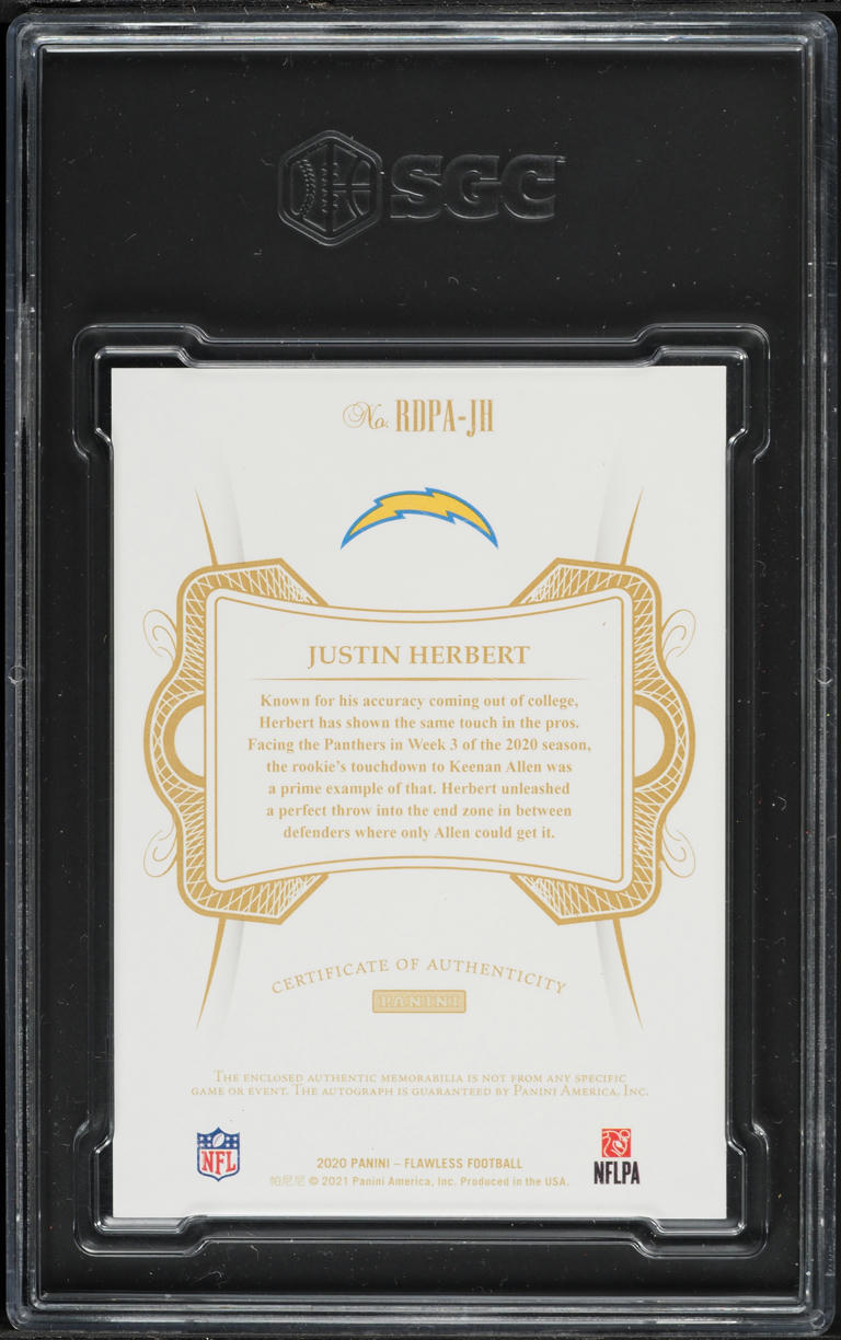 2020 Panini Flawless Dual Justin Herbert ROOKIE PATCH AUTO /25 #RDPA-JH SGC 9 MINT