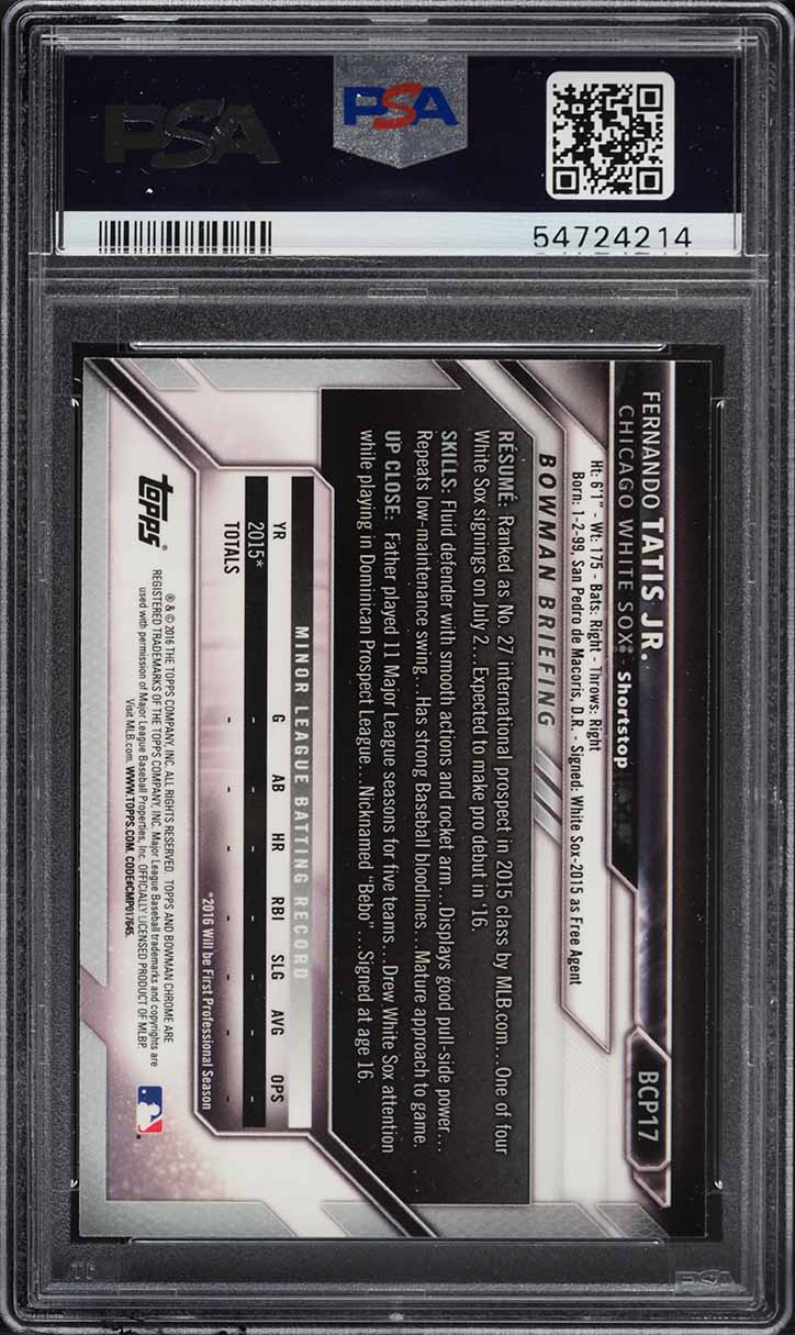 2016 Bowman Chrome Fernando Tatis Jr. PROSPECT #BCP17 PSA 10 GEM MINT