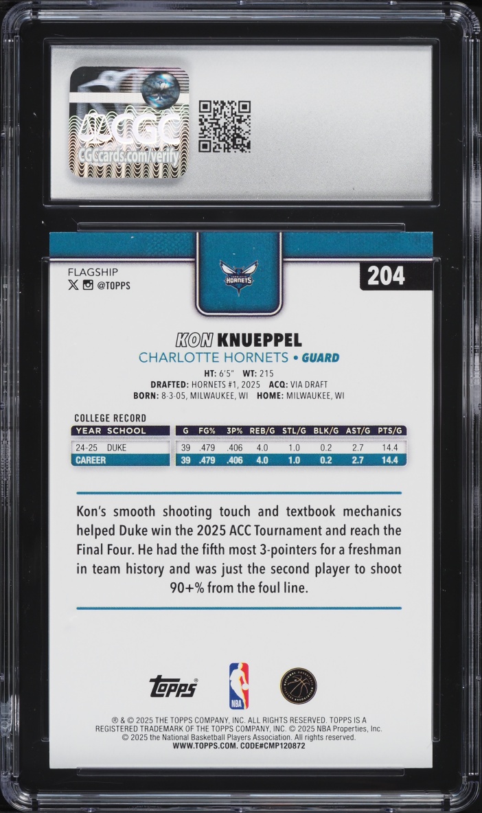 2025 Topps Basketball Kon Knueppel ROOKIE #204 CGC 9.5 MINT+