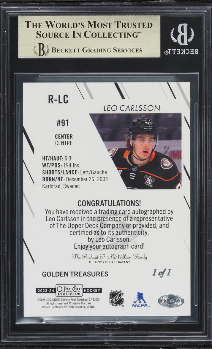 2023 O-Pee-Chee Platinum Golden Treasures Leo Carlsson ROOKIE AUTO 1/1 #RLC BGS 9.5 GEM MINT