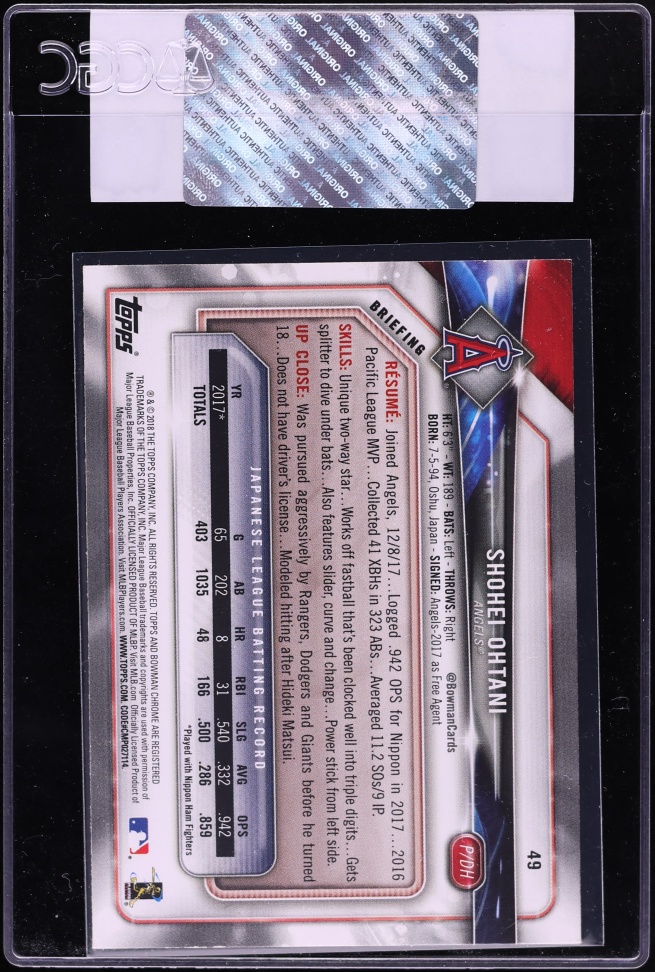 2018 Bowman Shohei Ohtani ROOKIE #49 CGC AUTH