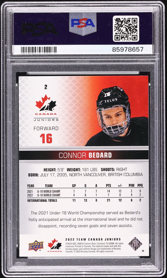 2022 Upper Deck Team Canada Juniors Connor Bedard ROOKIE #2 PSA 10 GEM MINT