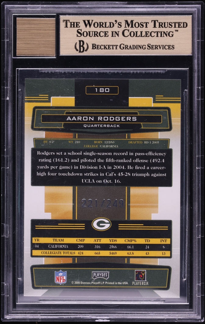 2005 Absolute Memorabilia Spectrum Silver Aaron Rodgers ROOKIE AUTO /249 #180 BGS 9.5 GEM MINT - Photo 2