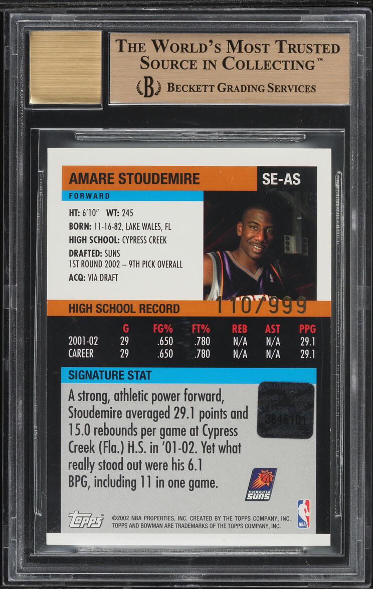 2002 Bowman Signature Amare Stoudemire ROOKIE PATCH AUTO /999 #SE-AS BGS 9.5 GEM