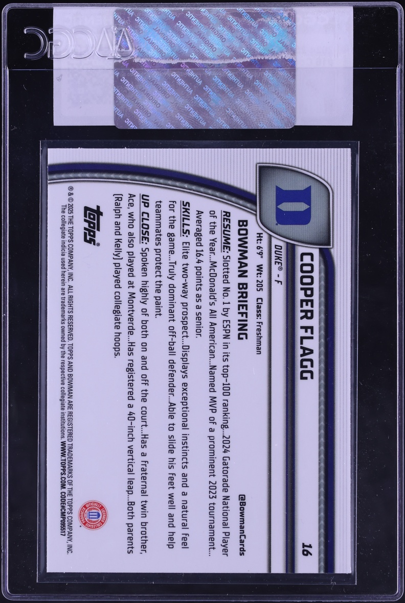 2024 Bowman Chrome University Cooper Flagg ROOKIE #16 CGC AUTH