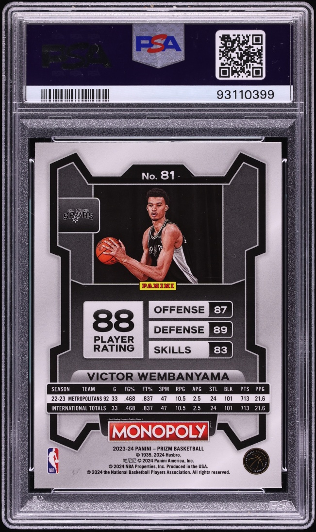 2023 Panini Prizm Monopoly Victor Wembanyama ROOKIE #81 PSA 10 GEM MINT