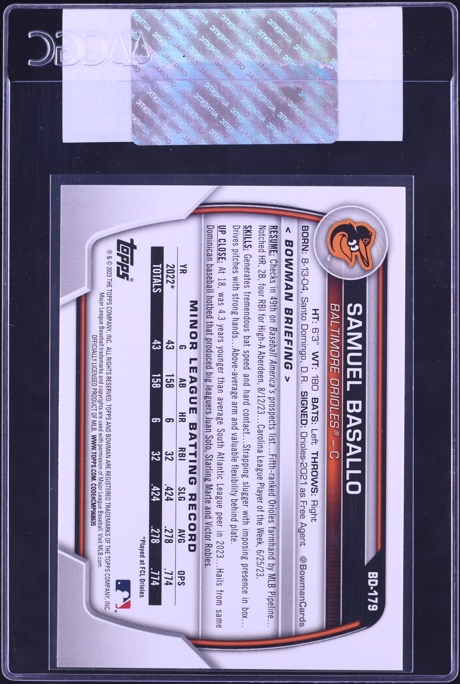 2023 Bowman Draft Green Samuel Basallo PROSPECT /99 #BD-179 CGC AUTH