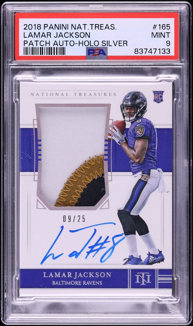 2018 National Treasures Holo Silver Lamar Jackson ROOKIE PATCH AUTO /25 #165 PSA 9 MINT