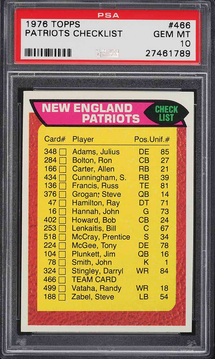 1976 Topps Football Patriots Checklist #466 PSA 10 GEM MINT