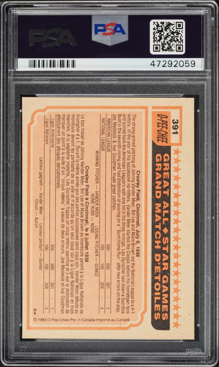 1983 O-Pee-Chee Rickey Henderson ALL STAR #391 PSA 8 NM-MT