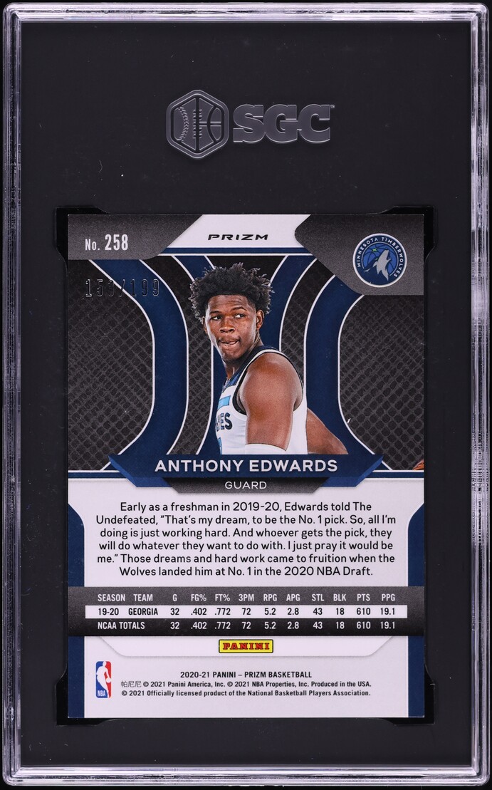 2020 Panini Prizm Blue Anthony Edwards ROOKIE /199 #258 SGC 9 MINT