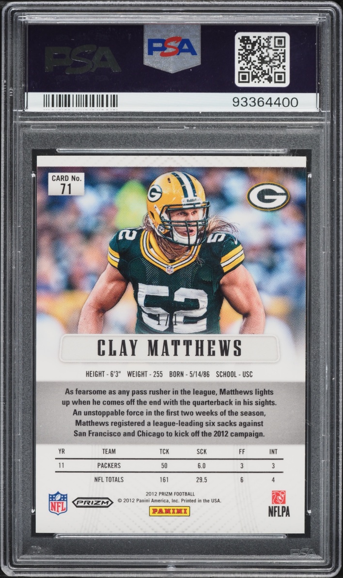 2012 Panini Prizm Finite Clay Matthews 1/1 #71 PSA 10 GEM MINT