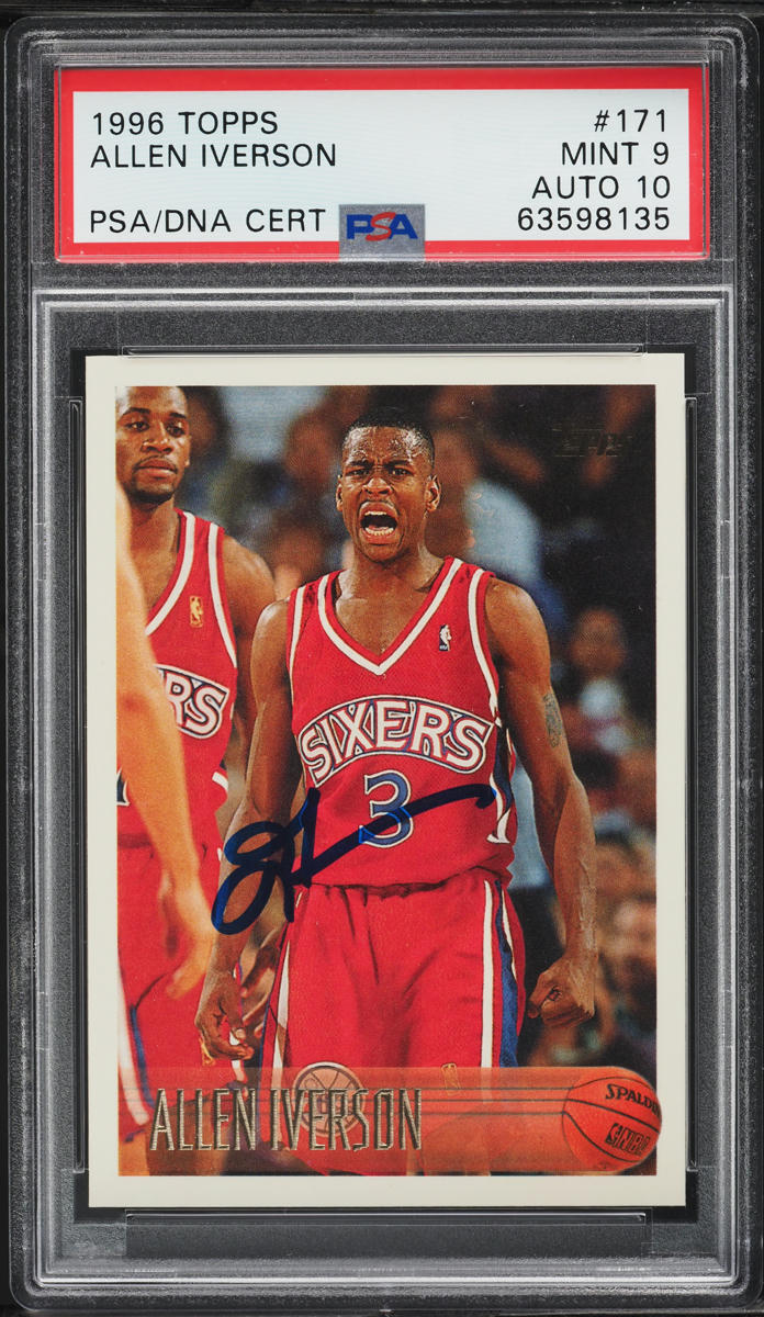 1996 Topps Basketball Allen Iverson ROOKIE AUTO DNA 10 #171 PSA 9 MINT