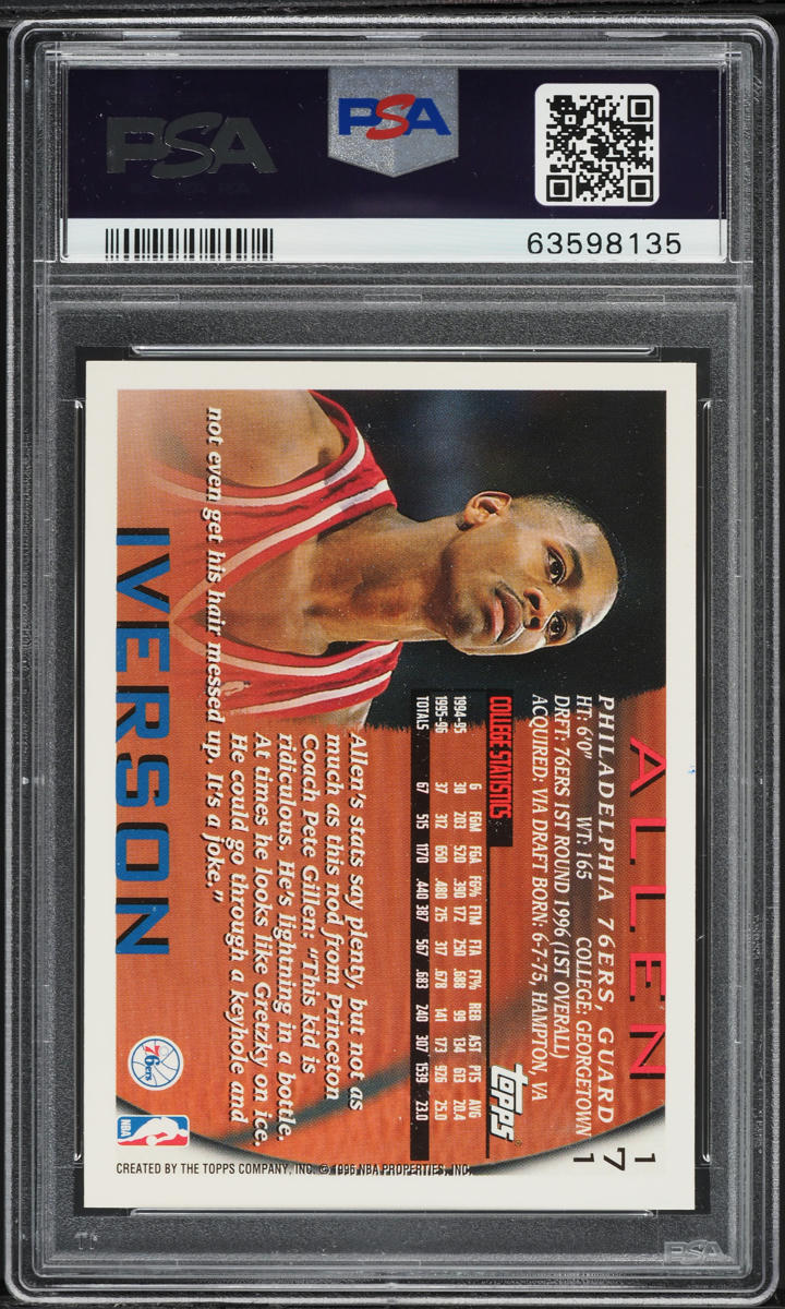 1996 Topps Basketball Allen Iverson ROOKIE AUTO DNA 10 #171 PSA 9 MINT