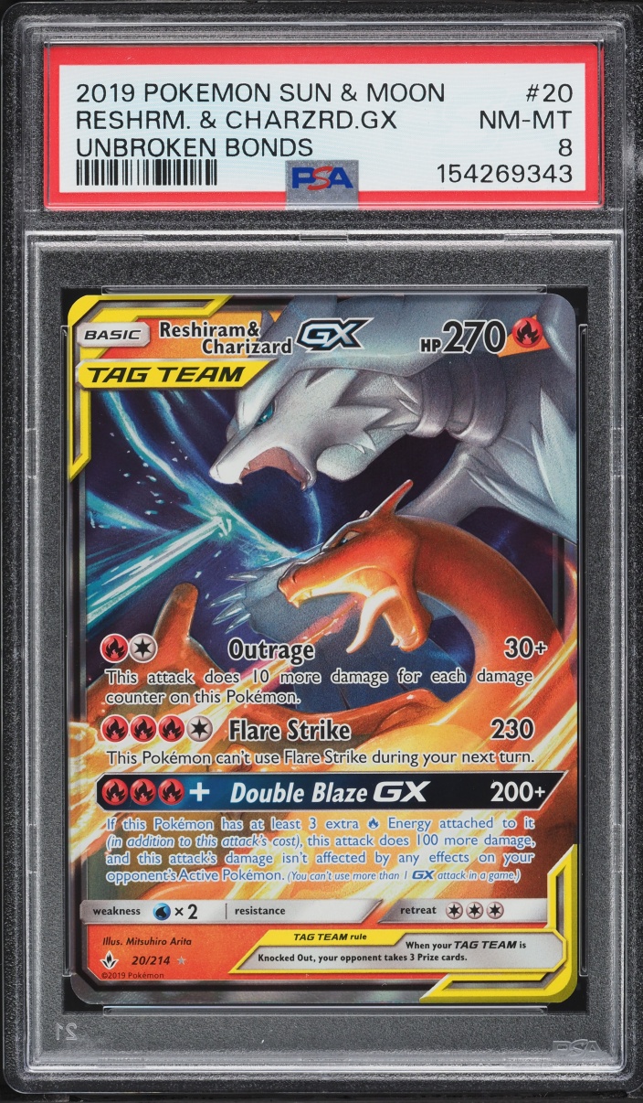2019 Pokemon Sun & Moon Unbroken Bonds Holo Reshiram & Charizard Gx #20 PSA 8 NM-MT