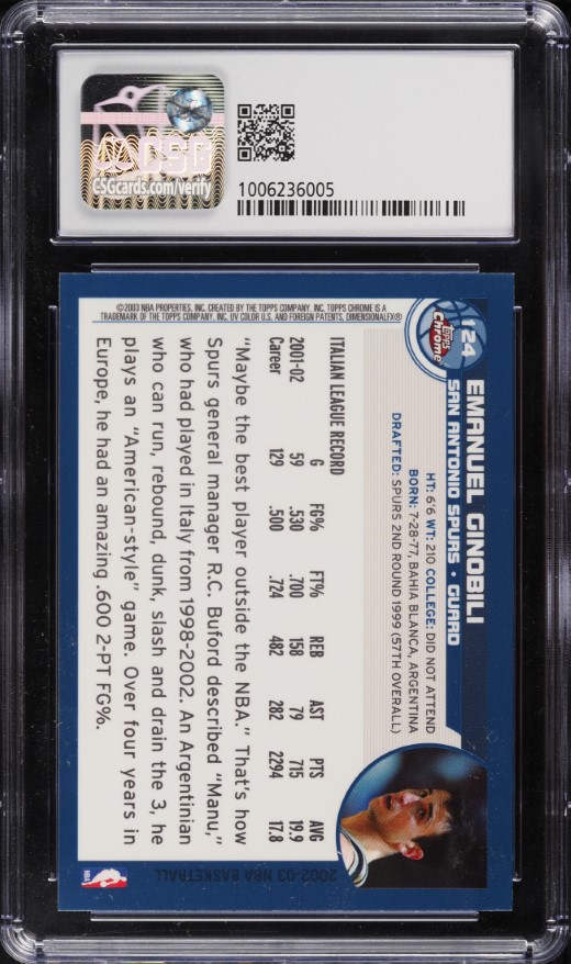 2002 Topps Chrome Manu Ginobili ROOKIE #124 CSG 9 MINT